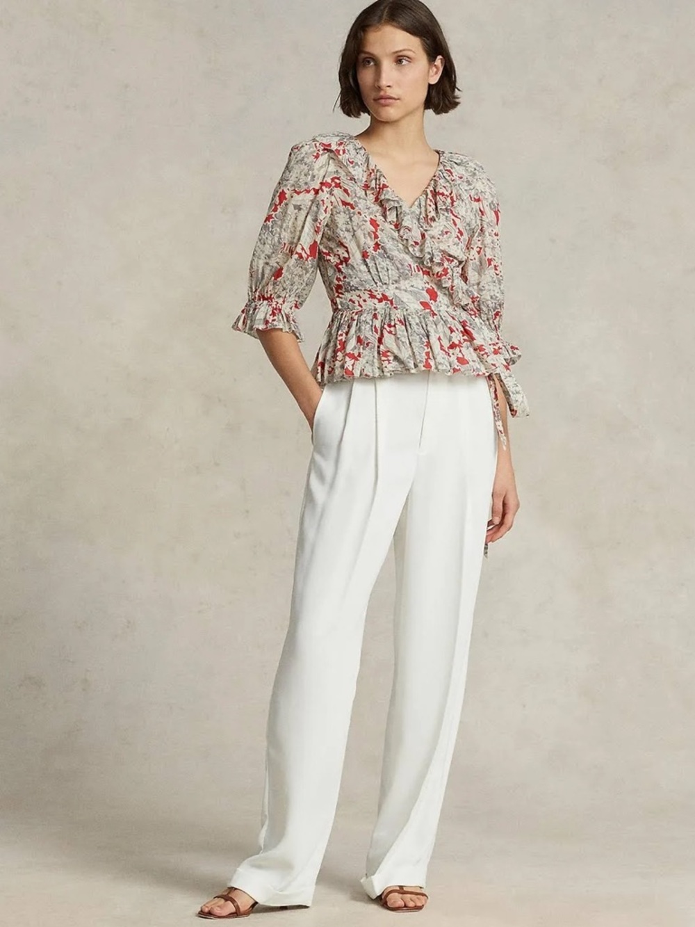 POLO RALPH LAUREN Evee Ruffled Floral Cotton Voile Wrap Top Red Gray Size S - Picture 2 of 14
